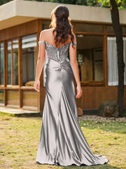 Trompete/Meerjungfrau Spitzenapplikationen Rüschen Kleid mit Schlitz Silber