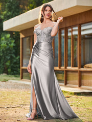 Trompete/Meerjungfrau Spitzenapplikationen Rüschen Kleid mit Schlitz Silber