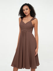 Chiffon Empire Kurz Kleider mit Taschen Schokolade
