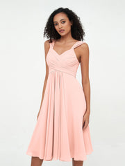 Chiffon Empire Kurz Kleider mit Taschen Koralle
