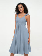 Chiffon Empire Kurz Kleider mit Taschen Staubiges Blau