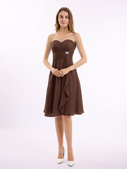 Knielang Chiffon Kleid Herz-Ausschnitt Schokolade