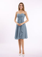 Knielang Chiffon Kleid Herz-Ausschnitt Staubiges Blau