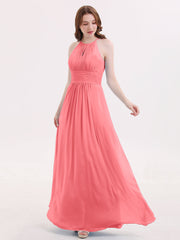 Neckholder lange Chiffon Kleid mit Gefaltet Taille Wassermelone