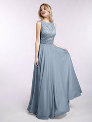 Spitzen Mieder Chiffon Rock Lang Kleid Staubiges Blau