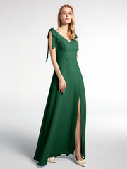 Langes Chiffon Kleid mit Flachen Schleifenträgern und Schlitz Vorne Dunkelgrün