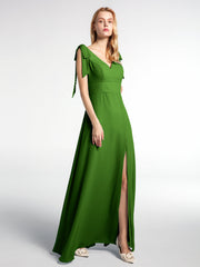 Langes Chiffon Kleid mit Flachen Schleifenträgern und Schlitz Vorne Moos
