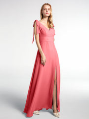 Langes Chiffon Kleid mit Flachen Schleifenträgern und Schlitz Vorne Wassermelone
