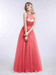 Illusion Ausschnittline Lang Tüll Kleid Wassermelone