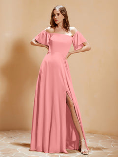 Schulterfrei Chiffon Kleid mit Tasche Flamingo