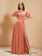 Schulterfrei Chiffon Kleid mit Tasche Papaya