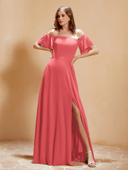Schulterfrei Chiffon Kleid mit Tasche Wassermelone