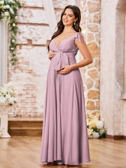 Tiefer V-Ausschnitt Chiffon Schwangere Umstandskleider mit Schulter-Schleifen Vintage Mauve