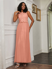 A-Linie Ärmellos Tüll Bodenlang Kleid Papaya