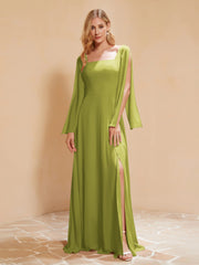 Quadratischer Ausschnitt Rüschen Chiffon Bodenlang Kleid Klee