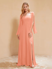 Quadratischer Ausschnitt Rüschen Chiffon Bodenlang Kleid Koralle