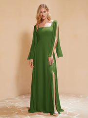 Quadratischer Ausschnitt Rüschen Chiffon Bodenlang Kleid Moos