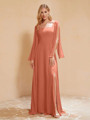 Quadratischer Ausschnitt Rüschen Chiffon Bodenlang Kleid Papaya
