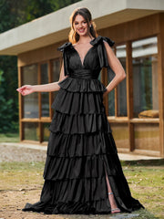 A-Linie Schleife an den Schultern Stufen Kleid mit Schlitz Schwarz