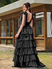 A-Linie Schleife an den Schultern Stufen Kleid mit Schlitz Schwarz