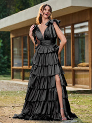 A-Linie Schleife an den Schultern Stufen Kleid mit Schlitz Schwarz