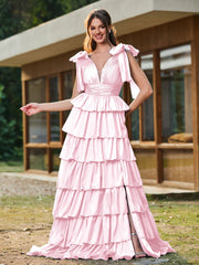 A-Linie Schleife an den Schultern Stufen Kleid mit Schlitz Zartrosa