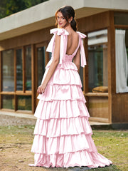 A-Linie Schleife an den Schultern Stufen Kleid mit Schlitz Zartrosa