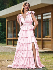 A-Linie Schleife an den Schultern Stufen Kleid mit Schlitz Zartrosa