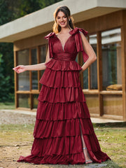 A-Linie Schleife an den Schultern Stufen Kleid mit Schlitz Burgunderrot