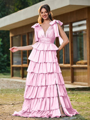 A-Linie Schleife an den Schultern Stufen Kleid mit Schlitz Bonbonrosa