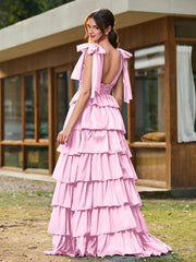 A-Linie Schleife an den Schultern Stufen Kleid mit Schlitz Bonbonrosa