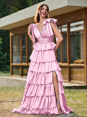 A-Linie Schleife an den Schultern Stufen Kleid mit Schlitz Bonbonrosa
