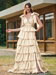 A-Linie Schleife an den Schultern Stufen Kleid mit Schlitz Champagner