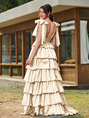 A-Linie Schleife an den Schultern Stufen Kleid mit Schlitz Champagner