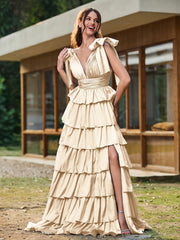 A-Linie Schleife an den Schultern Stufen Kleid mit Schlitz Champagner