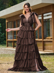 A-Linie Schleife an den Schultern Stufen Kleid mit Schlitz Schokolade