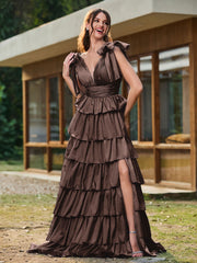 A-Linie Schleife an den Schultern Stufen Kleid mit Schlitz Schokolade
