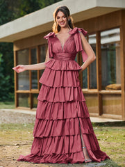 A-Linie Schleife an den Schultern Stufen Kleid mit Schlitz Zimtrose
