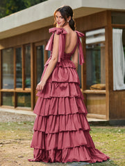 A-Linie Schleife an den Schultern Stufen Kleid mit Schlitz Zimtrose