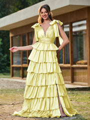 A-Linie Schleife an den Schultern Stufen Kleid mit Schlitz Narzisse