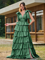 A-Linie Schleife an den Schultern Stufen Kleid mit Schlitz Dunkelgrün