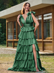 A-Linie Schleife an den Schultern Stufen Kleid mit Schlitz Dunkelgrün