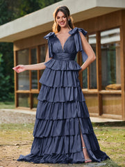 A-Linie Schleife an den Schultern Stufen Kleid mit Schlitz Dunkelmarine