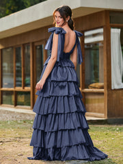 A-Linie Schleife an den Schultern Stufen Kleid mit Schlitz Dunkelmarine