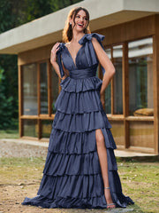 A-Linie Schleife an den Schultern Stufen Kleid mit Schlitz Dunkelmarine