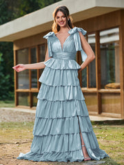 A-Linie Schleife an den Schultern Stufen Kleid mit Schlitz Staubiges Blau