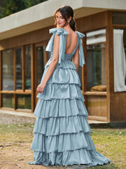 A-Linie Schleife an den Schultern Stufen Kleid mit Schlitz Staubiges Blau
