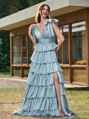 A-Linie Schleife an den Schultern Stufen Kleid mit Schlitz Staubiges Blau