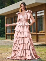 A-Linie Schleife an den Schultern Stufen Kleid mit Schlitz Staubige Rosa