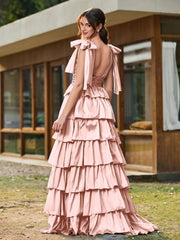 A-Linie Schleife an den Schultern Stufen Kleid mit Schlitz Staubige Rosa